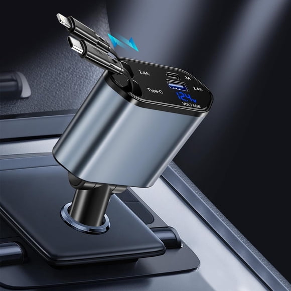 Cargador para Auto Lostrain Negro Carga Rápida 120W con Cables Retráctiles y Puertos USB para Androi