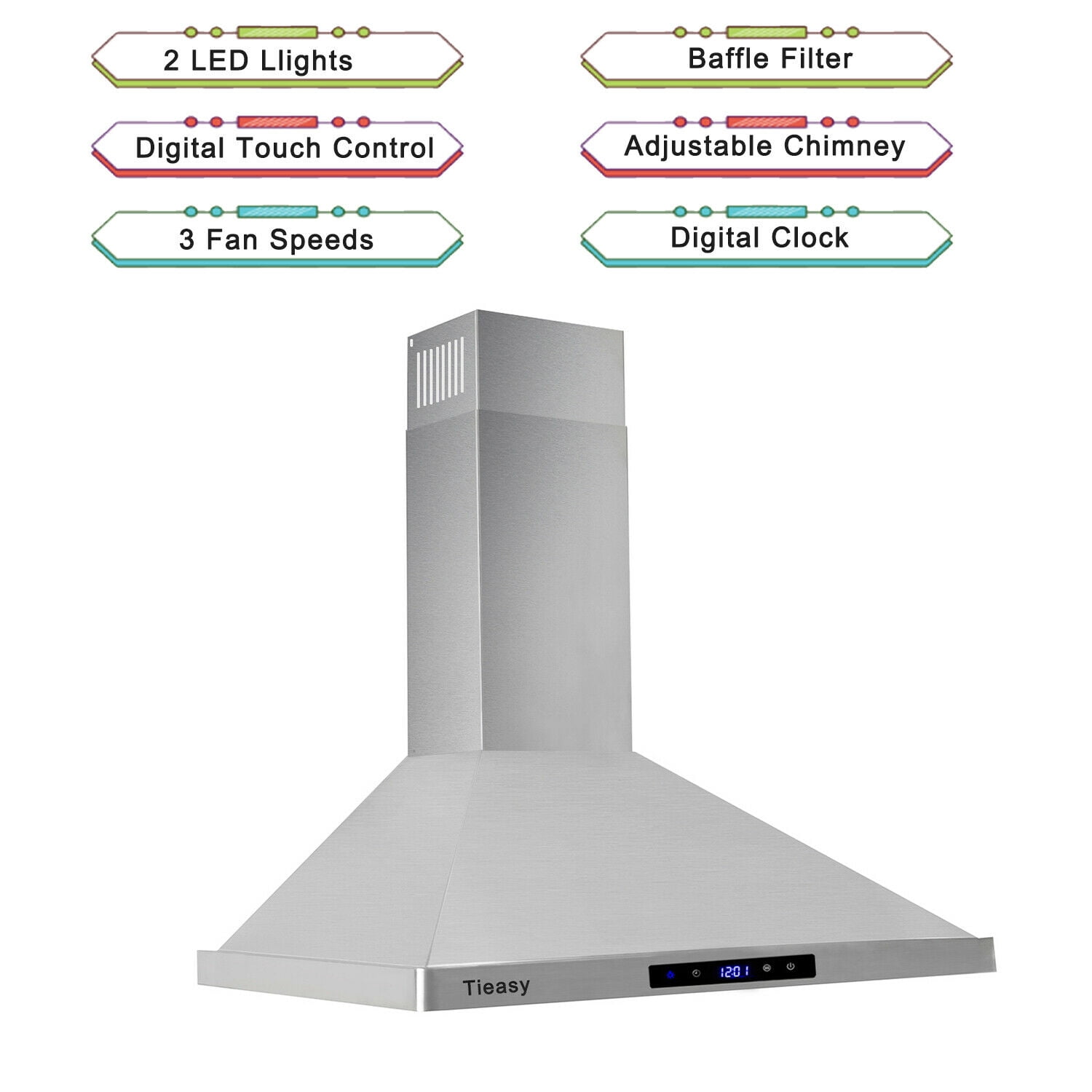 Wall Mount Range Hood 30 inch Kitchen Hood 700 CFM with Ducted/Ductless Convertible Duct, Touch Control, Permanent Filters, Stainless Steel, 3 Speed Exhaust Fan, LED Light