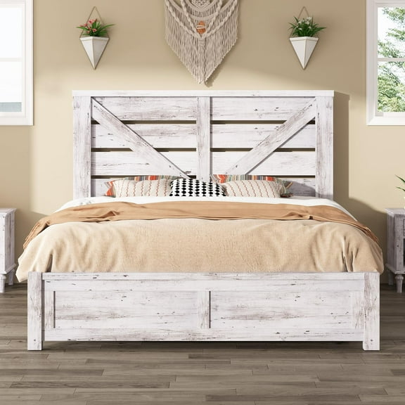 Papajet Queen Size Farmhouse Bed Frame with Barn Door Headboard, Wood Slats and Storage Space, White