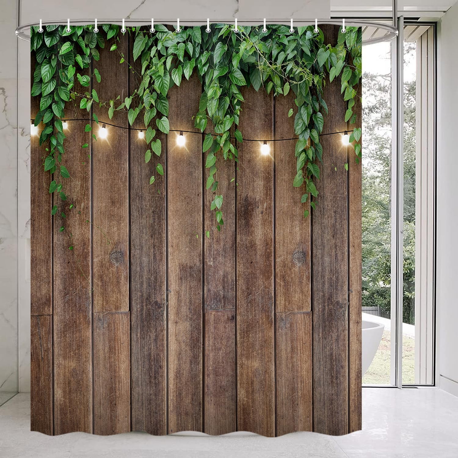 Rustic Outdoor Wall Shower Curtain, Brown Camo Shower Curtain Set for Bathroom, Vintage Wooden Bran Door Green Leaves Fabric Shower Curtain Restroom Bathtub Decor Accessories with Hooks