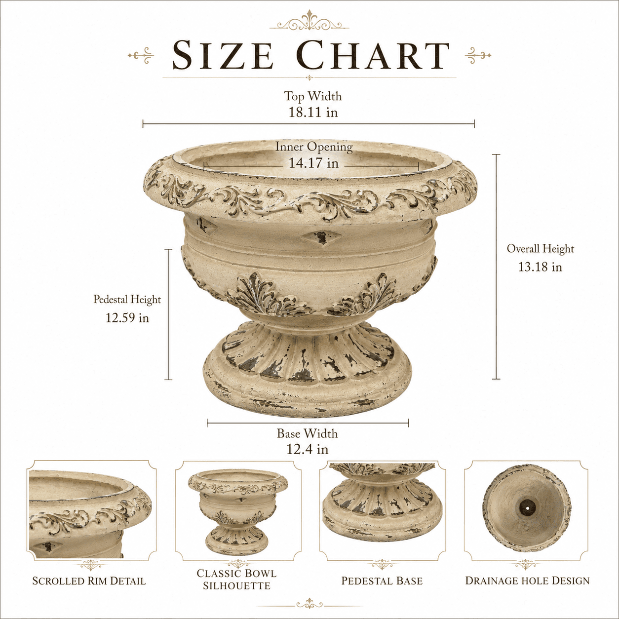 Aukfa Large MGO Garden Urn Planter, Outdoor Tall Decorative Stone-Look Flower Pot with Drainage Hole & Weather-Resistant, White
