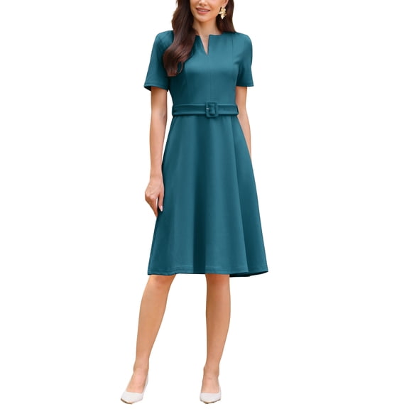 INSPIRE CHIC Women's A-Line Dress with Belted Summer Short Sleeve 2026 Split Neck Dresses S Blue