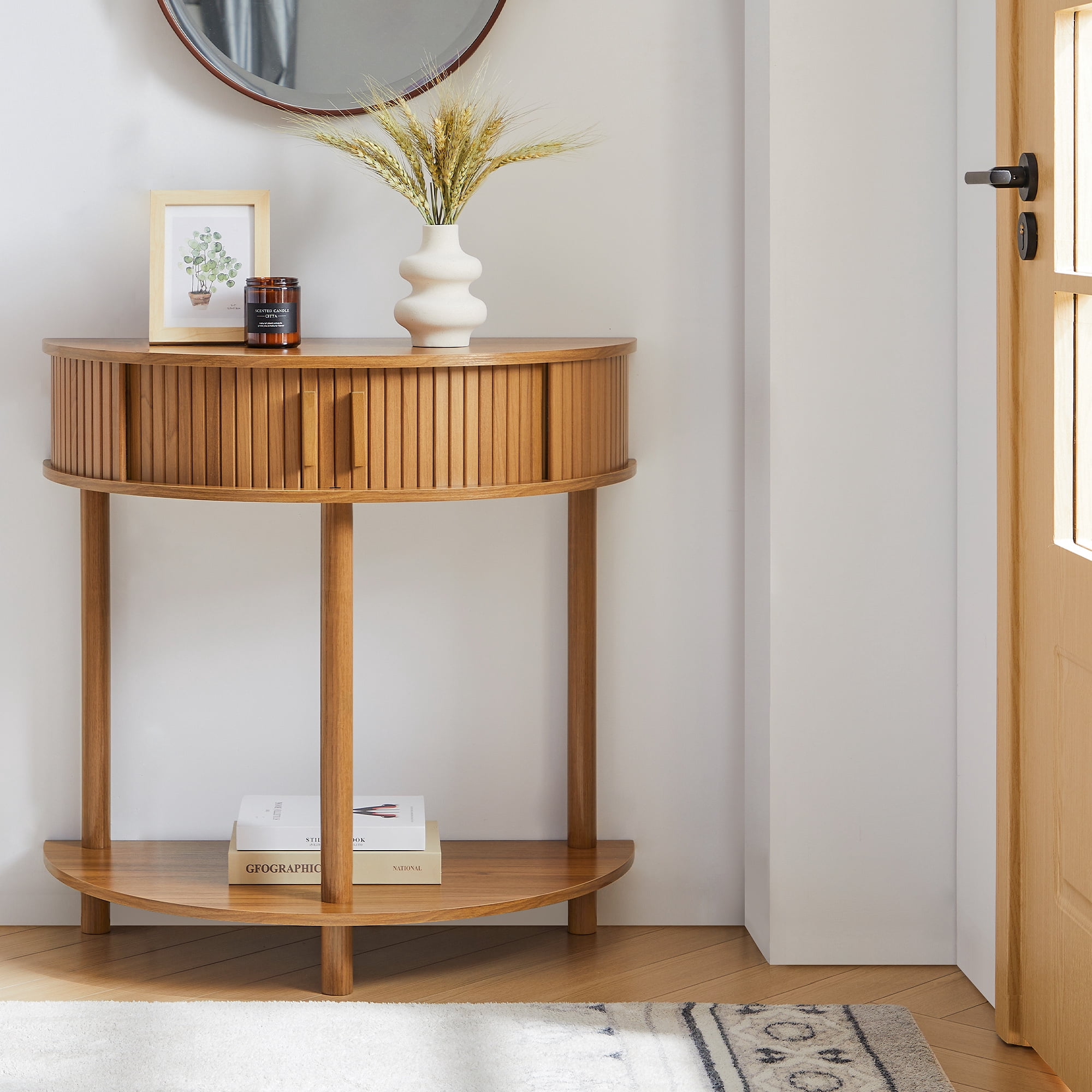 LEFHDA Entryway Table with Storage, Half Moon Fluted Mid Century Modern Console Tables, Small Narrow Sofa Table with Sliding Door, Curved Display Shelf Hallway Table for Living Room