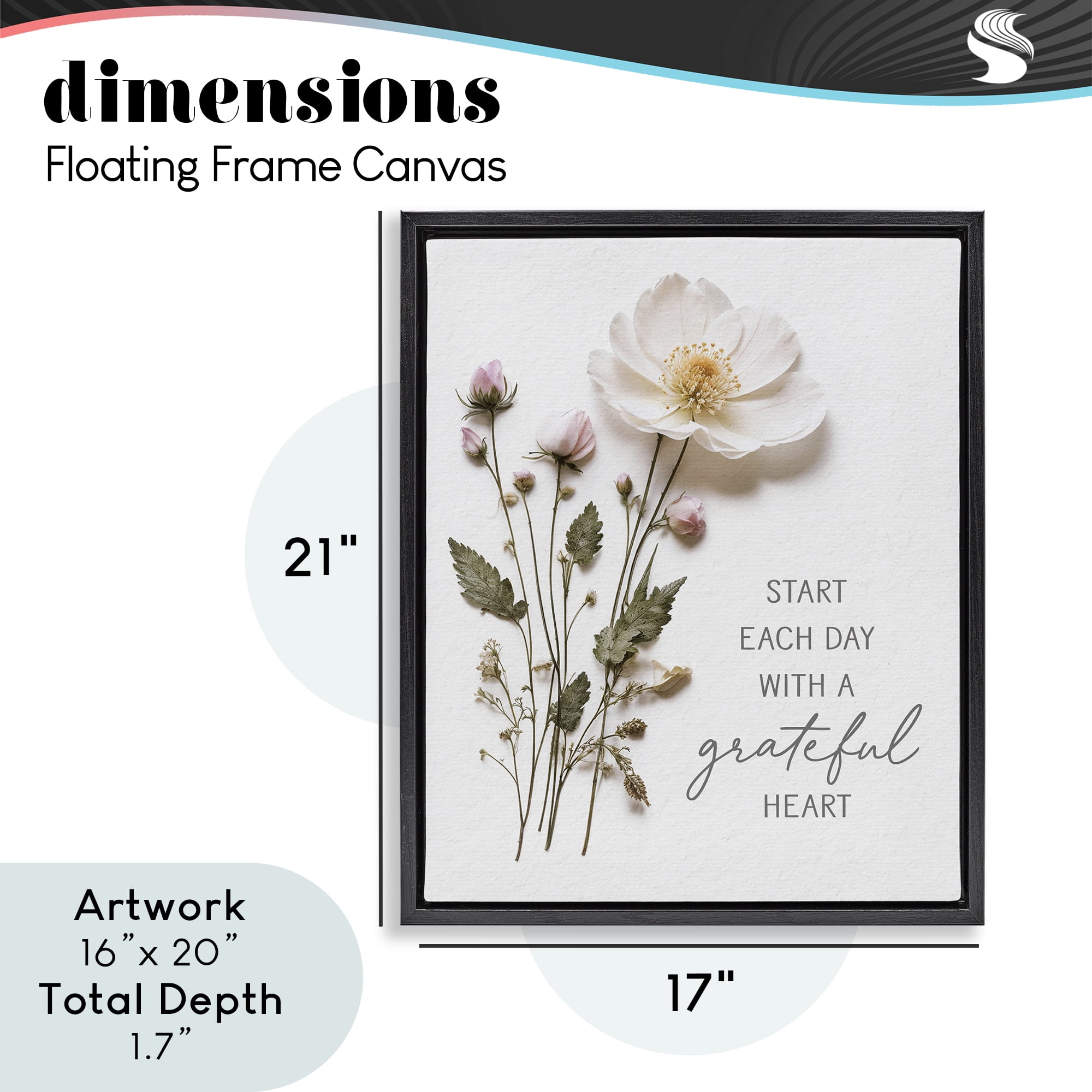 Grateful Heart Pressed Flowers Black Framed Floater Canvas Wall Art, design by Lettered and Lined