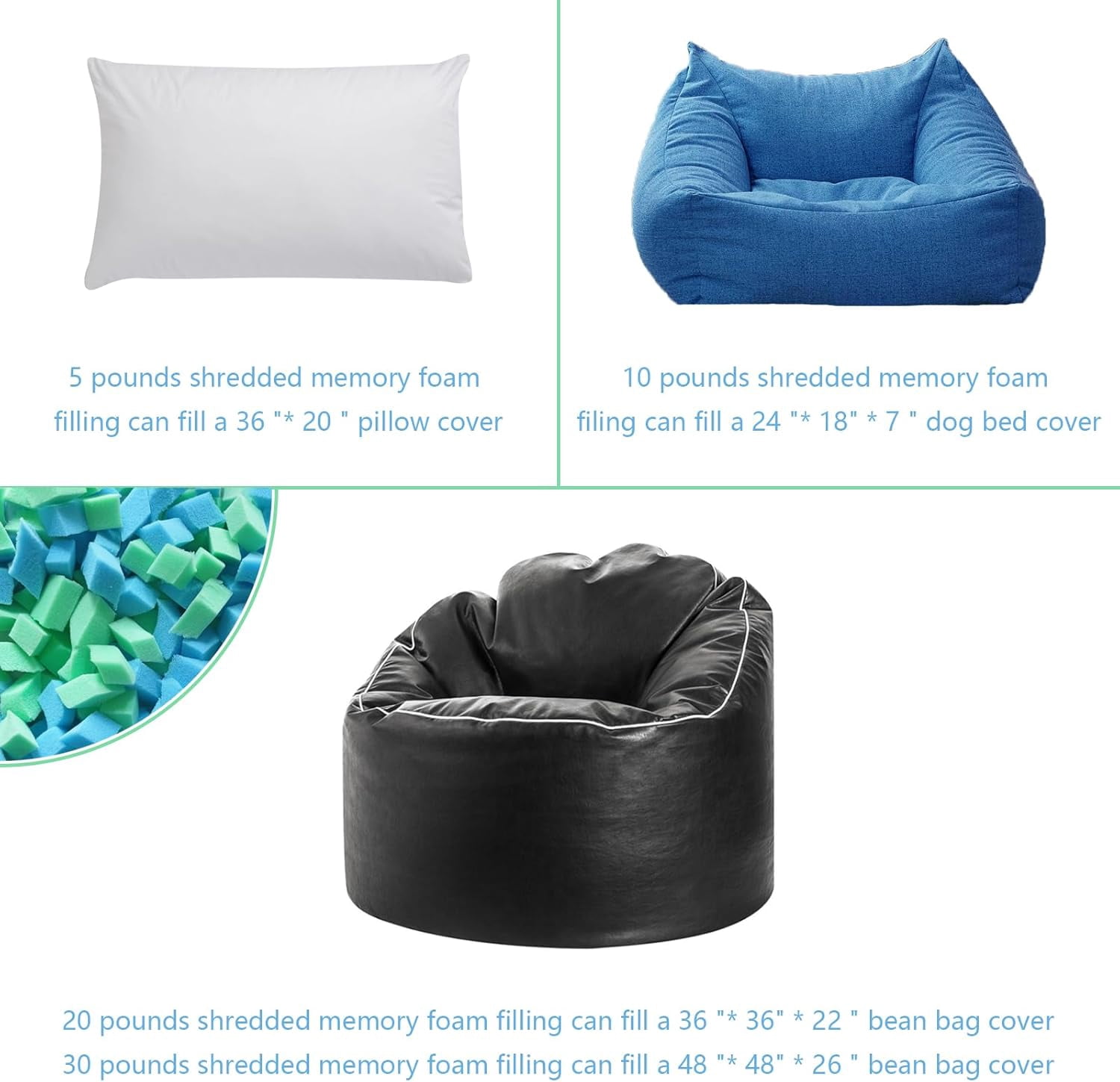 Bean Bag Filler, 30 Pounds Comfortable and Soft Shredded Memory Foam Filling Without Gel, Premium Random Colors BeanBag Stuffing for Various Pillows/Punching Bag/Couch Cushions/Pouf/Dog Bed