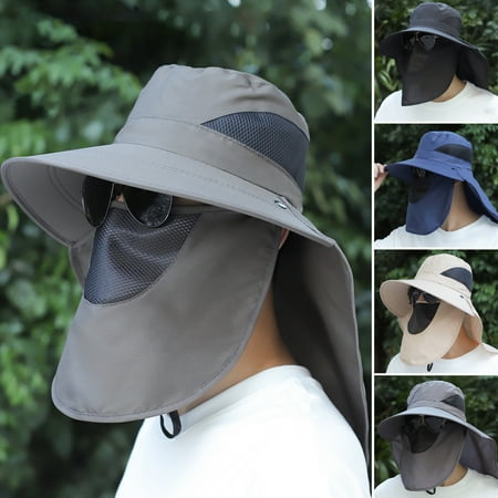 Eoperou Men Fisherman Hat with Face And Neck Cover Large Brim Hollow Mesh Anti-UV Sunscreen Full Cover Great Breathability Outdoor Fishing Travel Cap