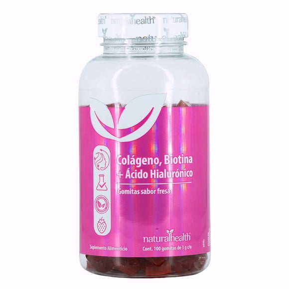 Colágeno Biotina Ácido Hialurónico 100 gomitas Natural Health rosa