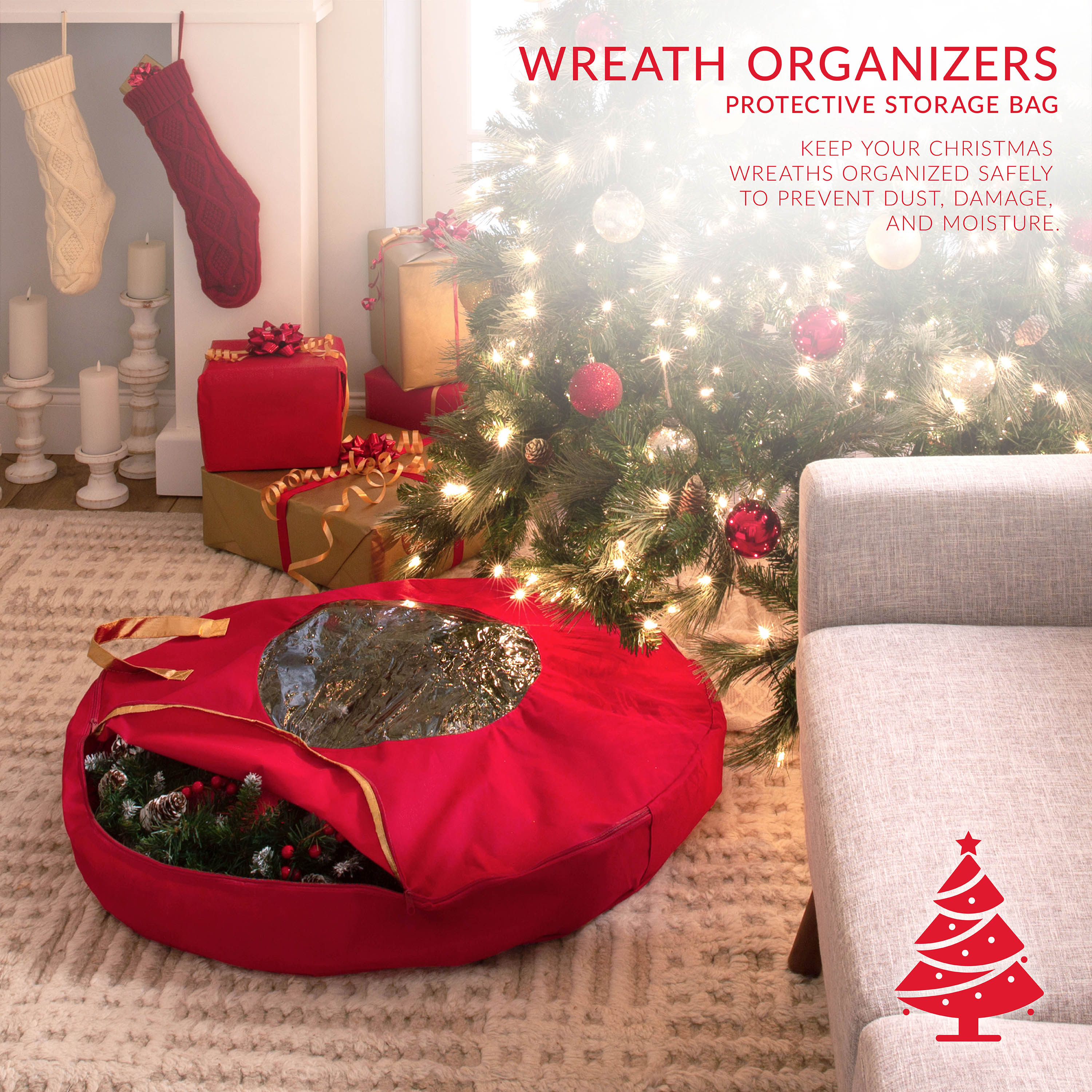 Simplify 36-inch Fabric Wreath Storage Bag in Red