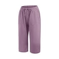 thumbnail image 4 of WREESH Womens Summer Capri Pants Cotton Linen Pants Fashion Casual Solid Loose Elastic Waist Trousers Cropped Pants with Pockes Purple, 4 of 8