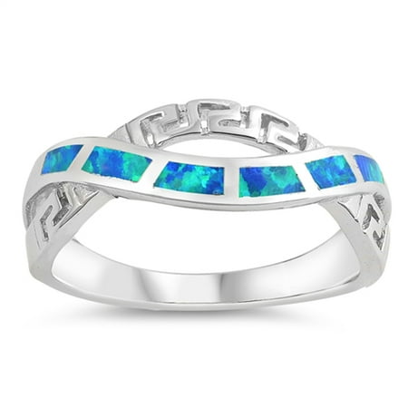 925 Sterling Silver Greek Key - Blue Simulated Opal Infinity Greek Key Knot Ring ( Sizes 5 6 7 8 9 10 ) .925 Sterling Silver Band Rings by Sac Silver (Size 6)