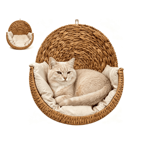 Handwoven Hanging Cat Bed, Natural Material Cat Wall Perch with Washable Removable Cushion, Space Saving Cat Shelf for Indoor Cats, Boho Home Wall Decor