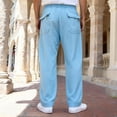 thumbnail image 5 of Domuza Men's Casual Linen Pants Summer Beach Trousers Loose Fit Straight-Legs Elastic Drawstring Waist Yoga Trousers Dark Blue M, 5 of 5