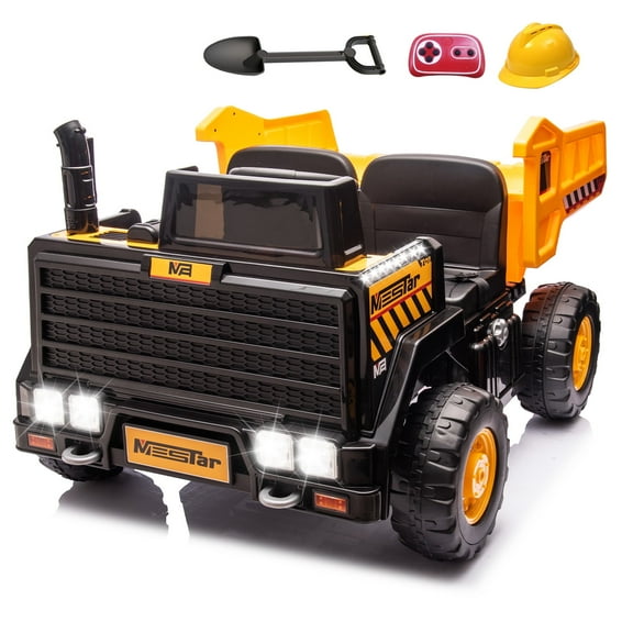 24V Ride On Dump Truck w/ Electric Dump Bed, 4WD 2 Seater Kids Ride On Car w/ Remote Control, 24V Battery Powered Car w/ Music, Lights, Suspension, Extra Shovel, 24V Electric Car for Big Boys Girls,