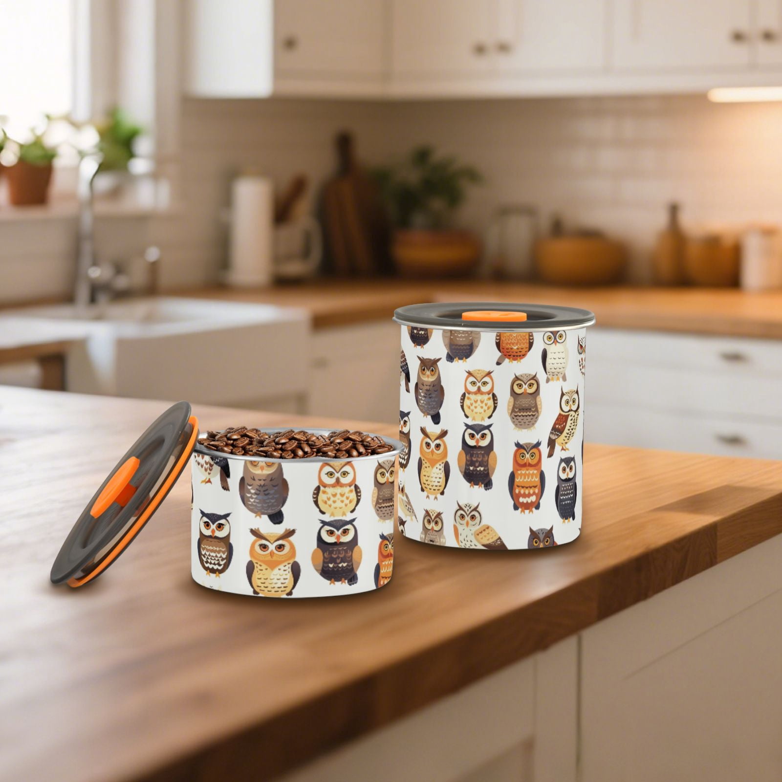 Cartoon Owl Prints Airtight Coffee Bean Canister 30oz Food Storage Containers with Lids For Gournd, Tea, Sugar, Flour, Rice, Cereal, Candy Cookie Jar