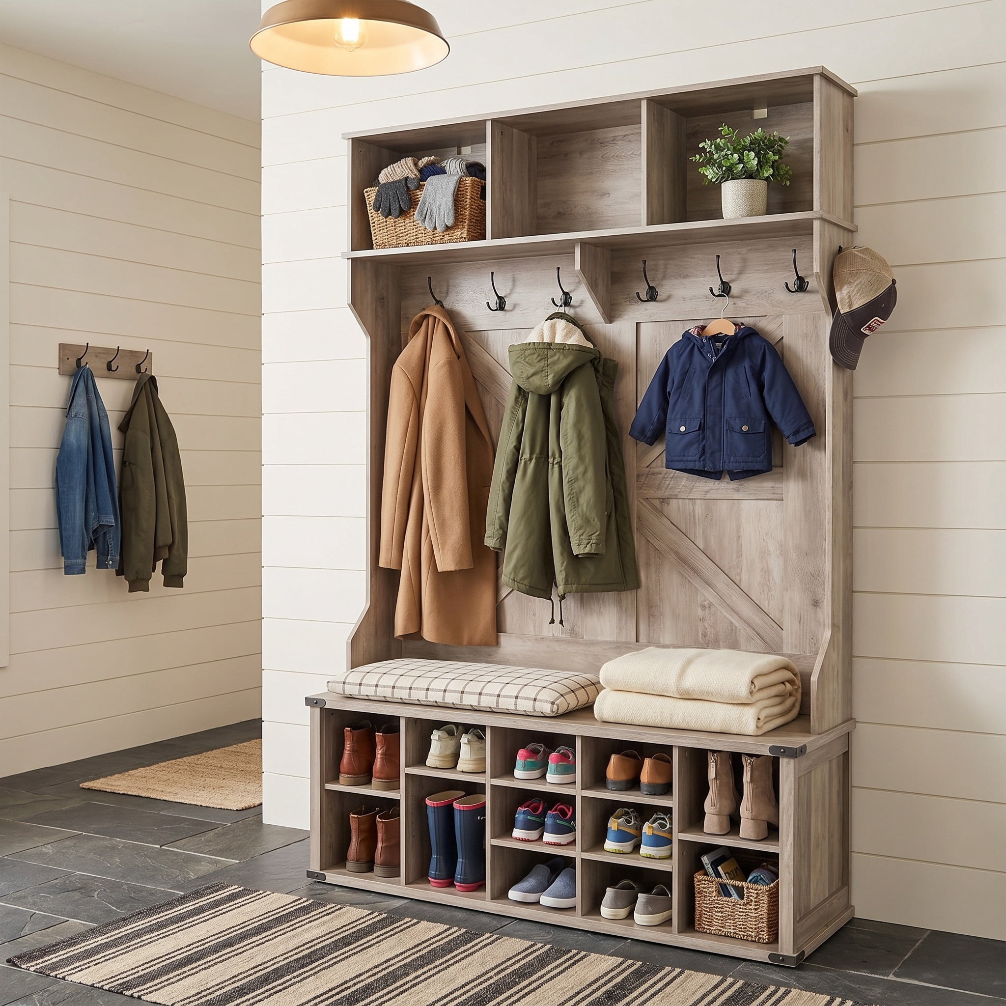 Nordic Hygge Farmhouse Hall Tree with 16-Compartment Shoe Storage & Bench, Heather Greige