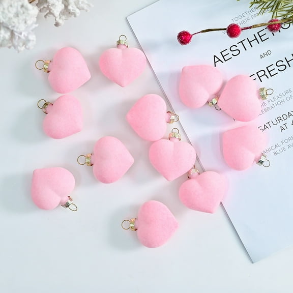 12 Pcs Christmas Velvet Ornaments Valentine's Day Heart Shaped Hanging Ornaments for Tree Velvet Valentines Flocked Red Heart Baubles Decorations for Xmas Wedding Anniversary