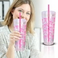 thumbnail image 3 of Reusable BPA-Free Clear Tumbler with Pink Bow Pattern: Lid & Straw Included, Iced Coffee Cup for On-the-Go, Home & Office, 3 of 6
