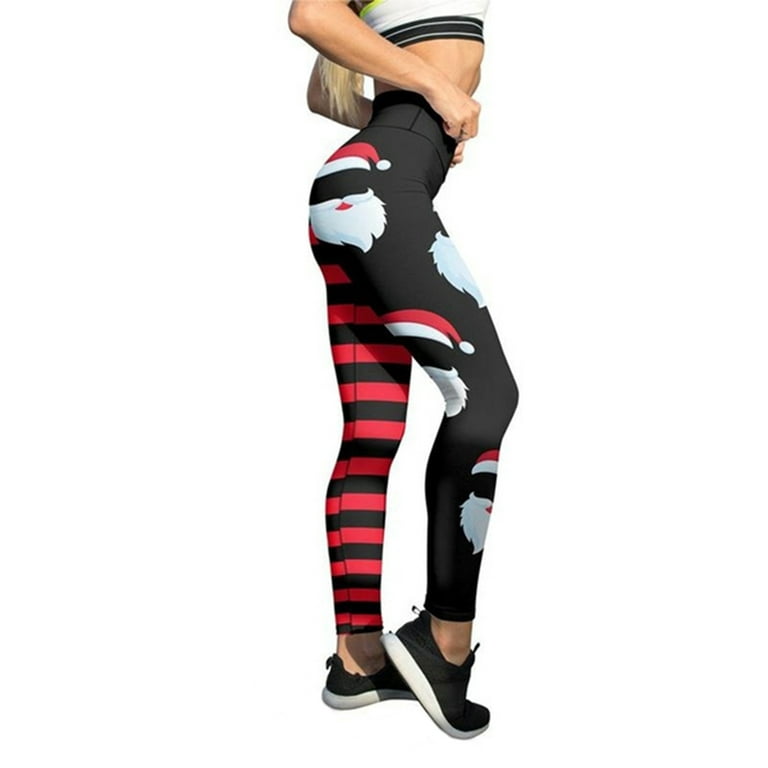 Women Ugly Christmas Leggings High Waist Striped Santa Claus Print  Patchwork Tight Pants Holiday Outfits Xmas Trousers XS-XL 