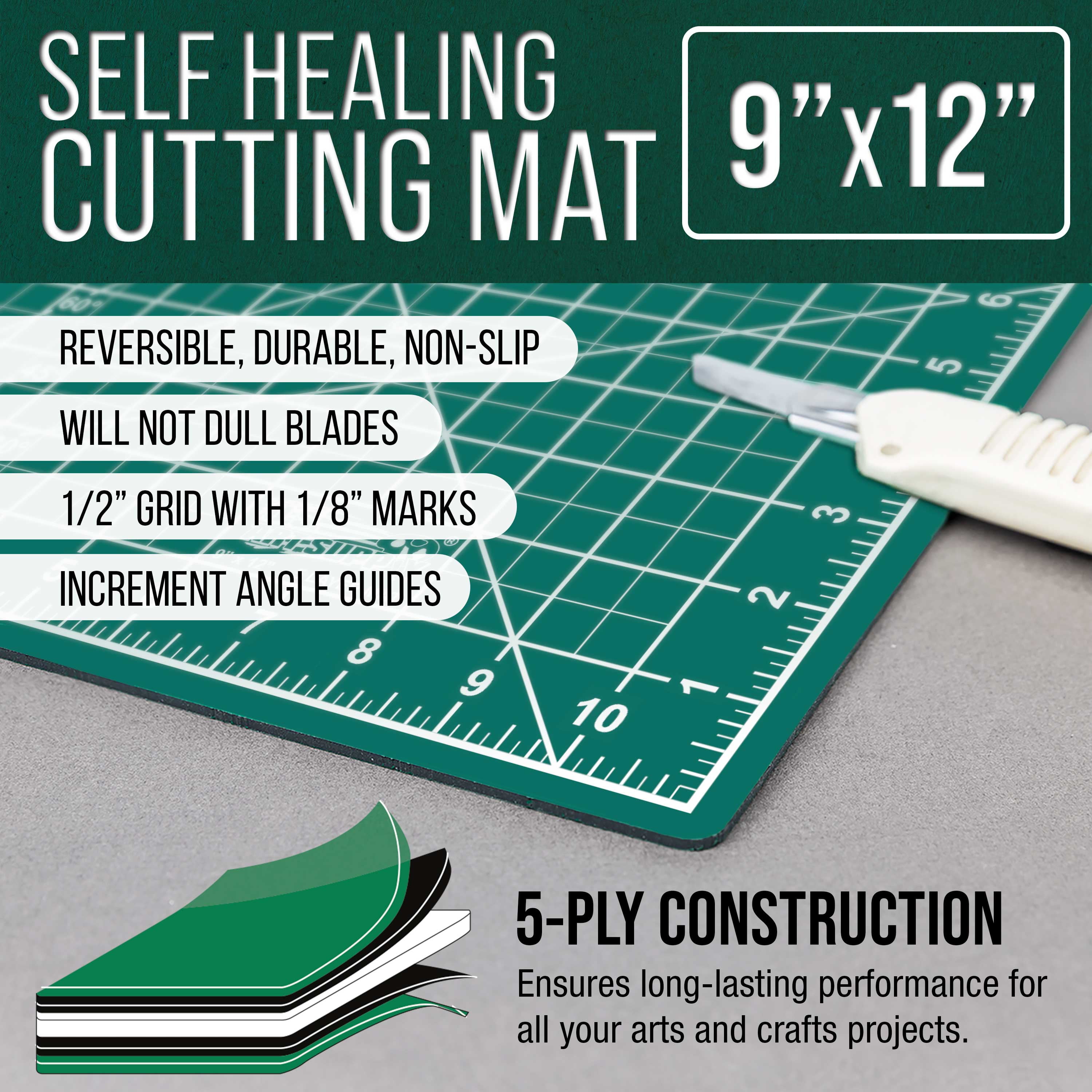 U.S. Art Supply 9" x 12" Self-Healing Cutting Mat 5-Ply - Double-Sided Green/Black Craft Mat, Non-Slip Cutting Mats for Crafts, Sewing, Quilting, Scrapbooking