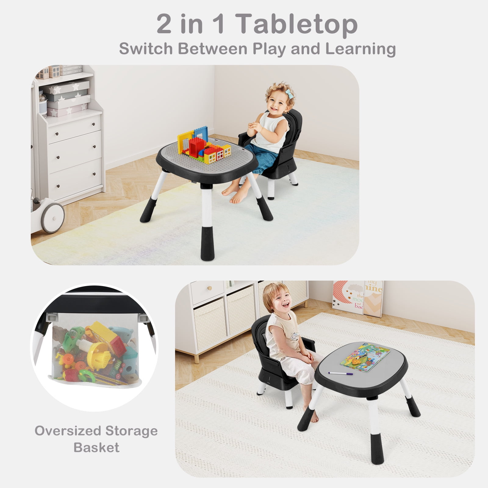 INFANS 9 in 1 High Chair, Convertible Baby Highchair for Babies and Toddlers, Table and Chair Set Building Block Infant Dining Booster Seat, Kids Stool with Activity Children Play Kitchen