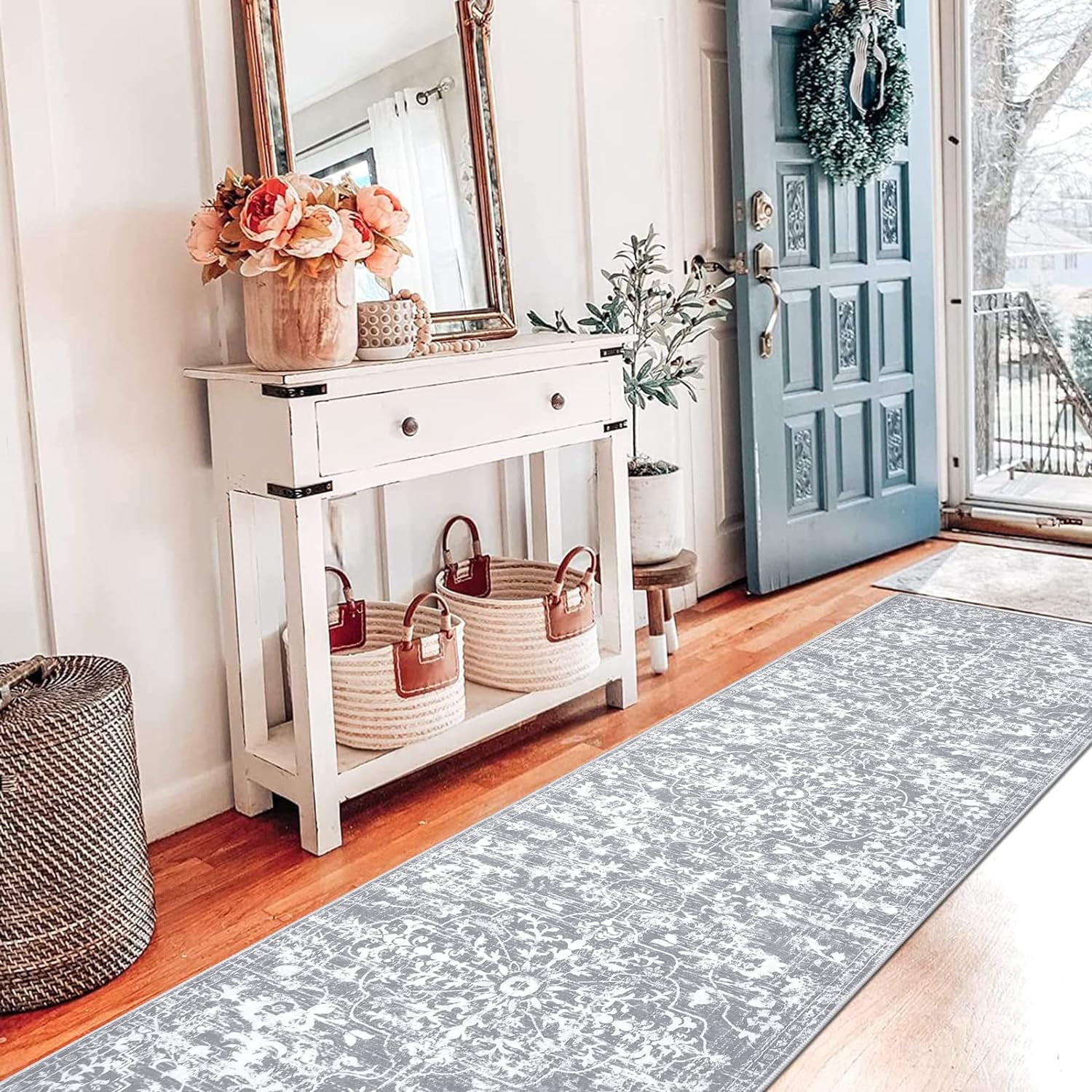 Findosom 2'x8' Vintage Runner Rug 0.4" Distressed Hallway Rug Non Slip Laundry Runner Rug Decor Rug Washable Runner Rug Kitchen Floor Mat Entryway Rug Runner for Laundry Kitchen Entryway, Gray