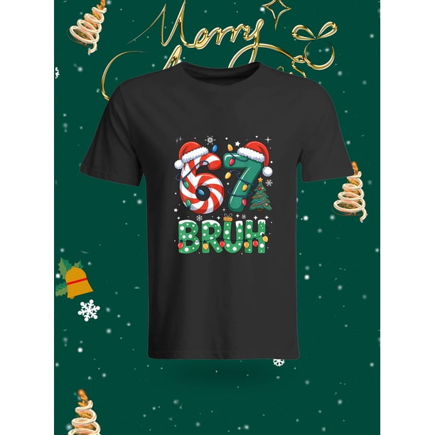 Funny Christmas Style Six Seven Eight Bros Cartoon Pattern Short Sleeve T-Shirt This T-shirt features a vibrant design with two cute smiley characters wearing Santa hats and elf hats, displaying the