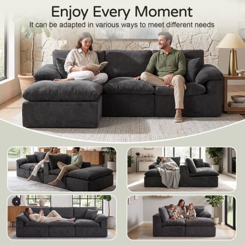102.3" Modular Sectional Sofa, L-Shape Cloud Couch with Movable Ottoman, Comfy Chenille Deep Seat Sofa with Soft Pillows for Living Room Apartment, Black