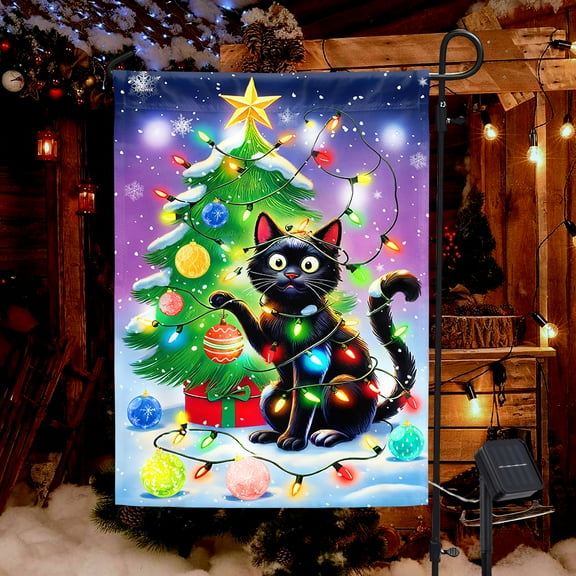 FLAGWIX Funny Black Cat Christmas Tree Solar LED Garden Flag TQN4171SF - USA Flags Decor Indoor Outdoor
