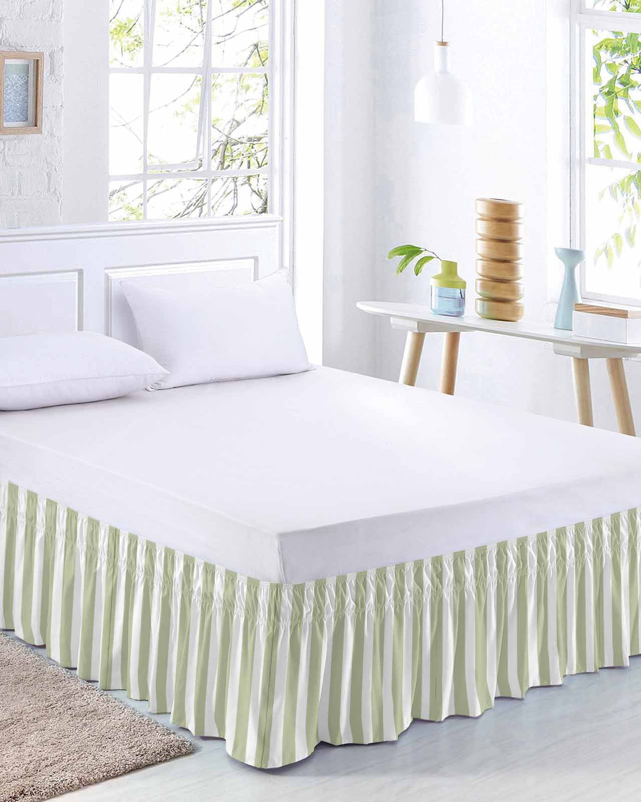 Sage Green Striped Bed Skirt Queen Size, Modern Farmhouse Sage Green White Stripes Wrap Around Bed Skirting with Adjustable Elastic Strap, Dust Ruffle Pleated Bedskirts 16 Inch Drop for Bedroom Beds