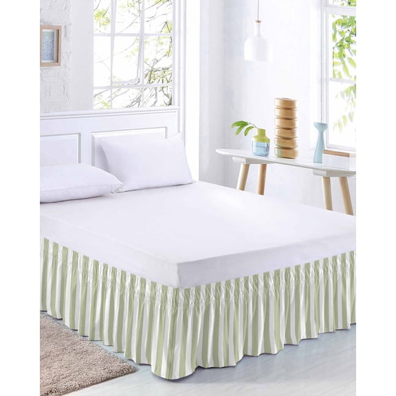 Sage Green White Striped Bed Skirt Queen Size 16 Inch Drop, Gradient Adjustable Elastic Dust Ruffles Bedskirt for Queen Bed Wrap Around Pleated Mattress Frame Cover