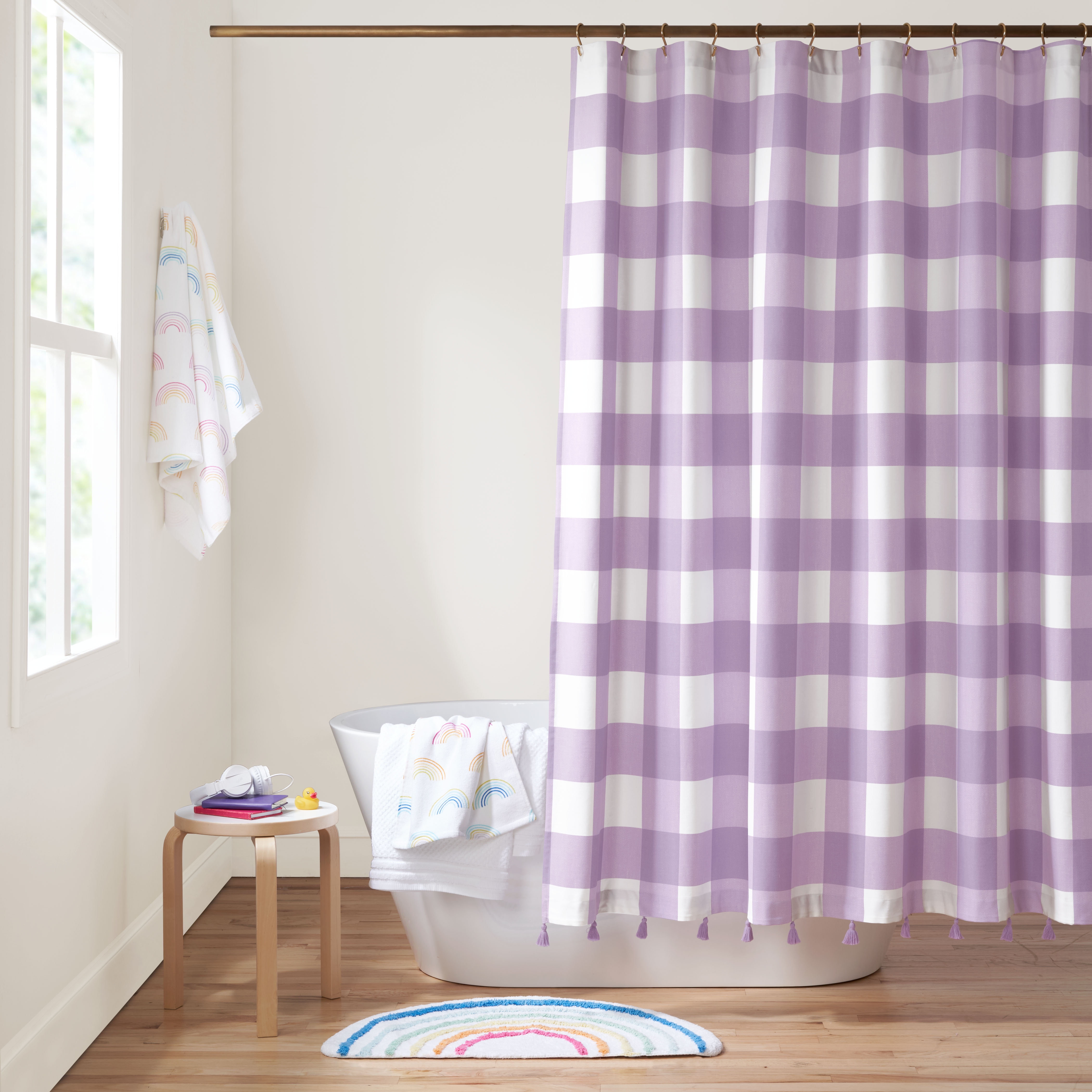 Gap Home Kids Large Gingham Organic Cotton Shower Curtain with Tassels, Lavender, 72'x72'
