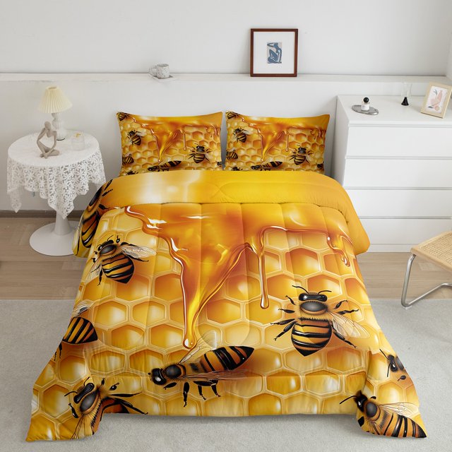Erosebridal Funny Bee Bedding Queen Comforter Set, Gold Honey Down Comforter, Geometric Room Decor, 3 Pieces