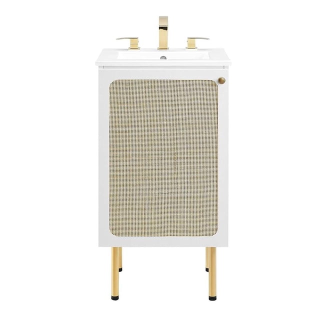 Pemberly Row 18" Wood & Rattan Bathroom Vanity with Adjustable Shelf in White