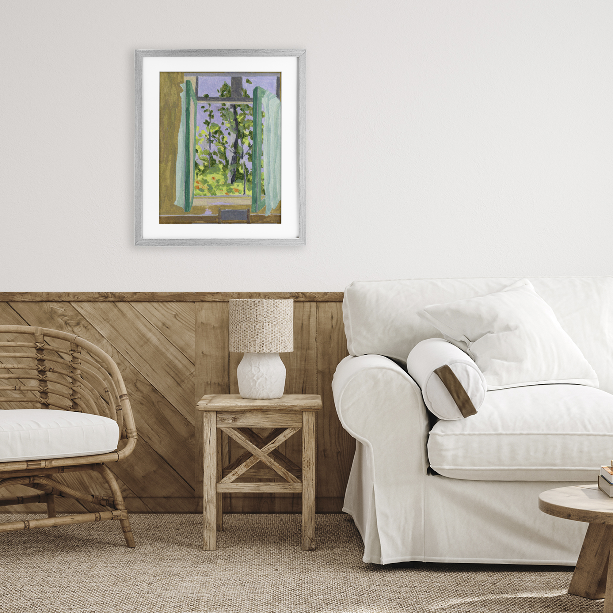 A Seat For Spring Gray Framed Print Under Glass, design by Melissa Wang
