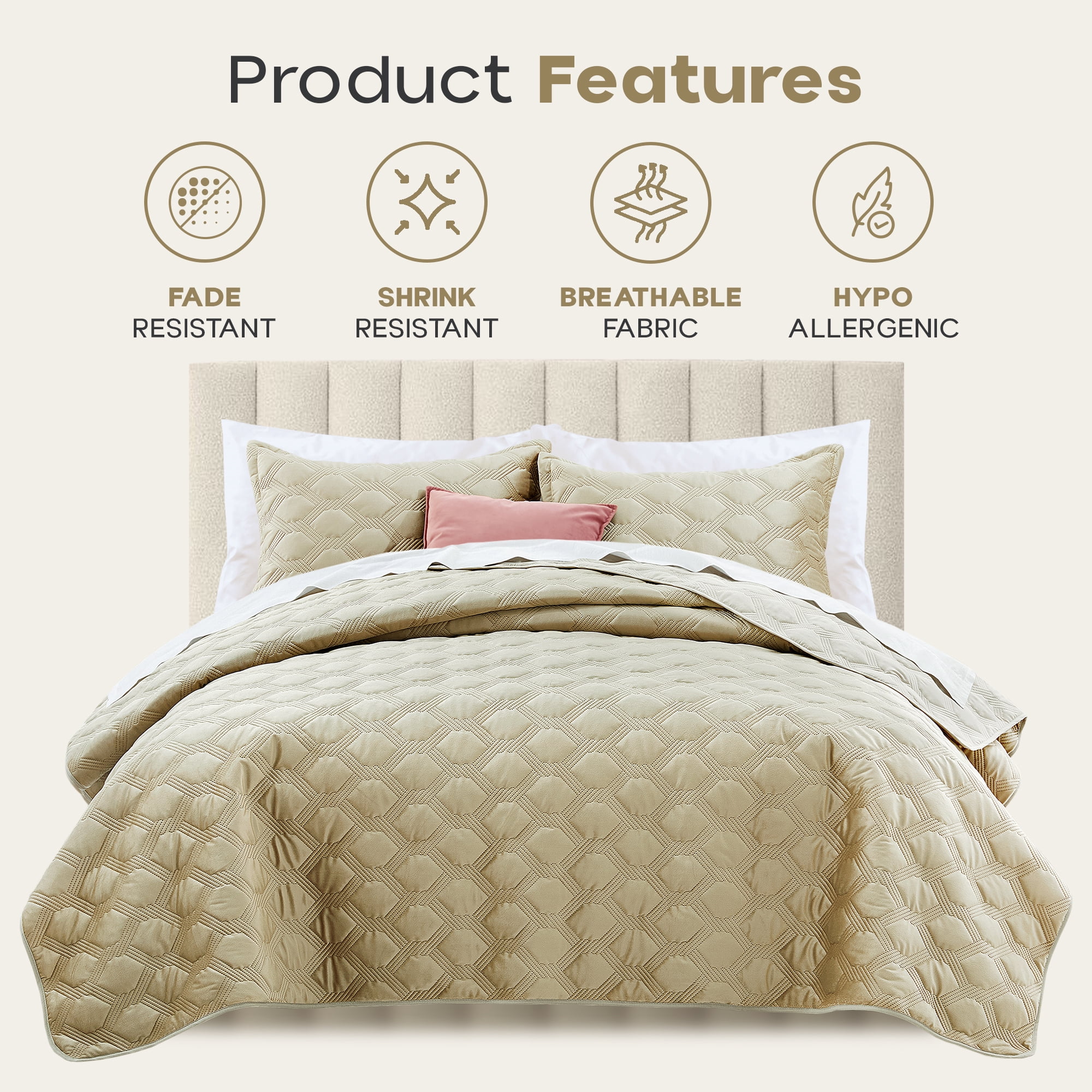 Ameha Velvet Quilt Set 3 Piece Geometric Ultrasonic Embossed Bedspread Reversible 350GSM Soft Microfiber Bedding Beige Full/Queen