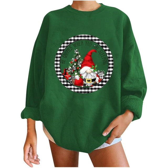 Pompotops Automne et Hiver Femmes Chandail Imprimé de Noël Col Rond Manches Longues Blouse Unie Hauts Chandails en Molleton