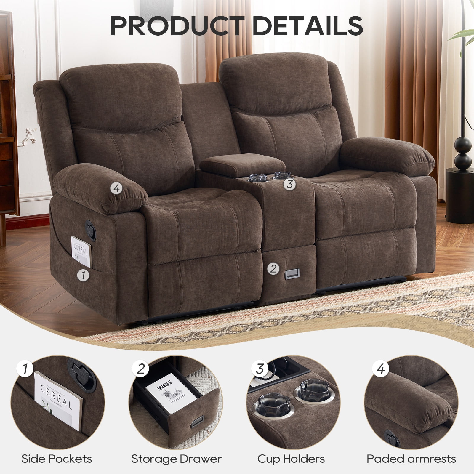 PYOIER Reclining Loveseat Sofa With Massage & Heating, Black