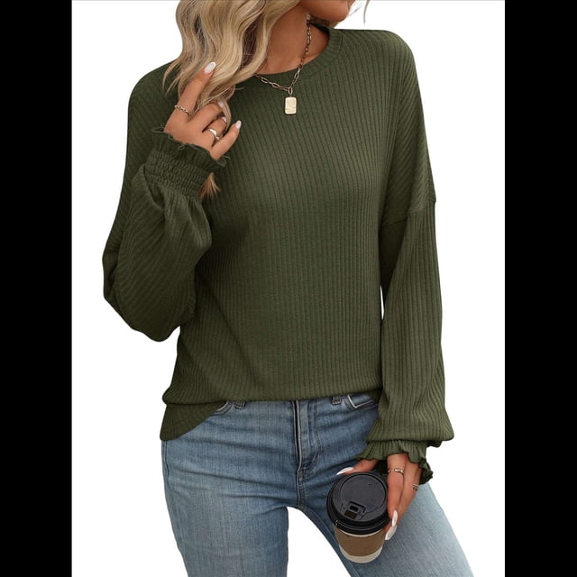 Camiseta Holgada Informal de Cuello Redondo y Larga Acanalada para Mujer, Ideal para y Otoño Verde L
