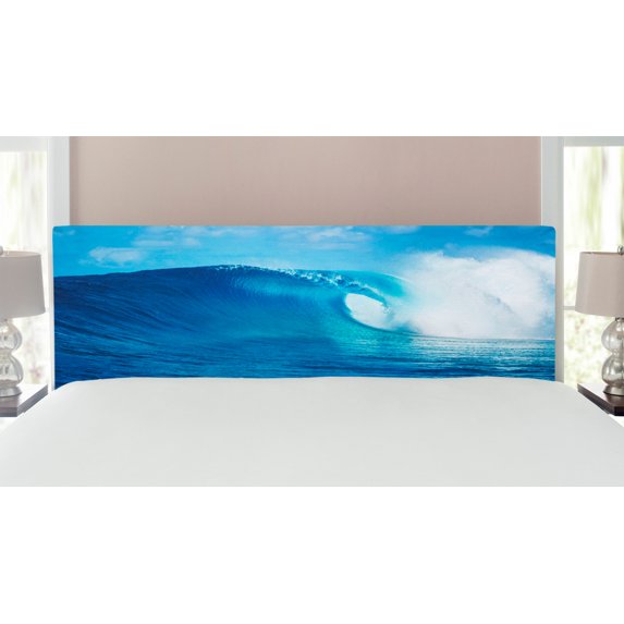 Ocean Headboard, Nature Cloudy Summer Sky Wavy Ocean Adventure Surfing Vacation Tourist Picture Print, Upholstered Decorative Metal Bed Headboard with Memory Foam, King Size, Navy White, by Ambesonne