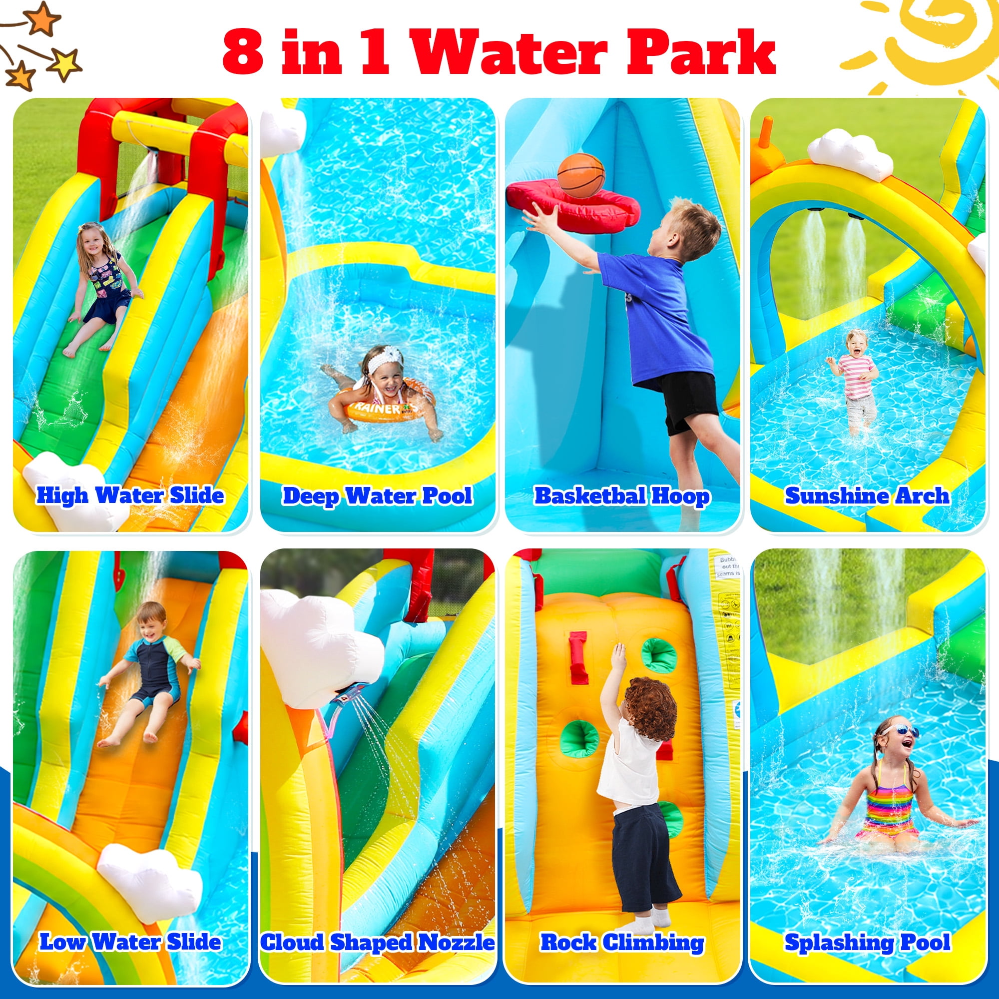 WELLFUNTIME Inflatable Water Slide for Kids, Bounce House with Blower, Water Park with Double Slides, Splash Pool