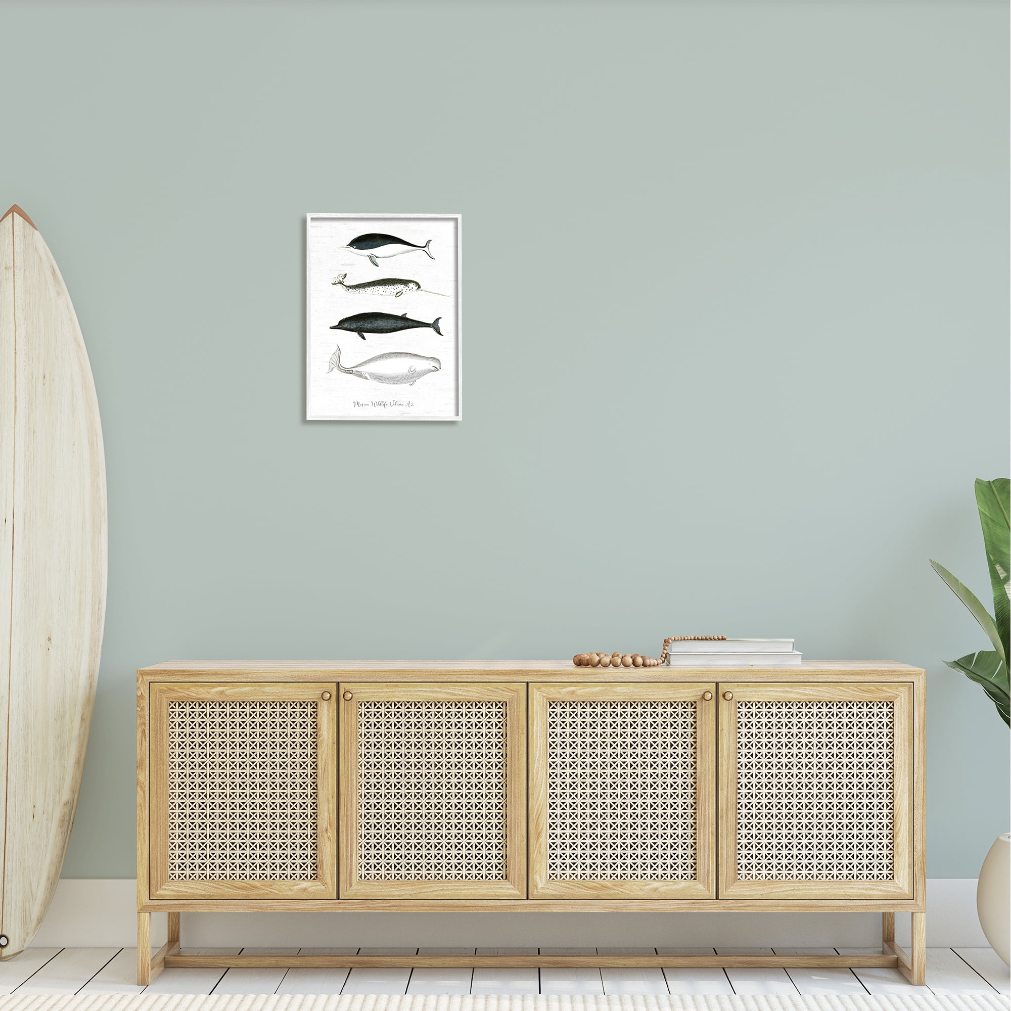 Stupell Industries Nautical Sea Life Whales Narwhal Marine Drawings Graphic Art White Framed Art Print Wall Art, Design by Lettered and Lined