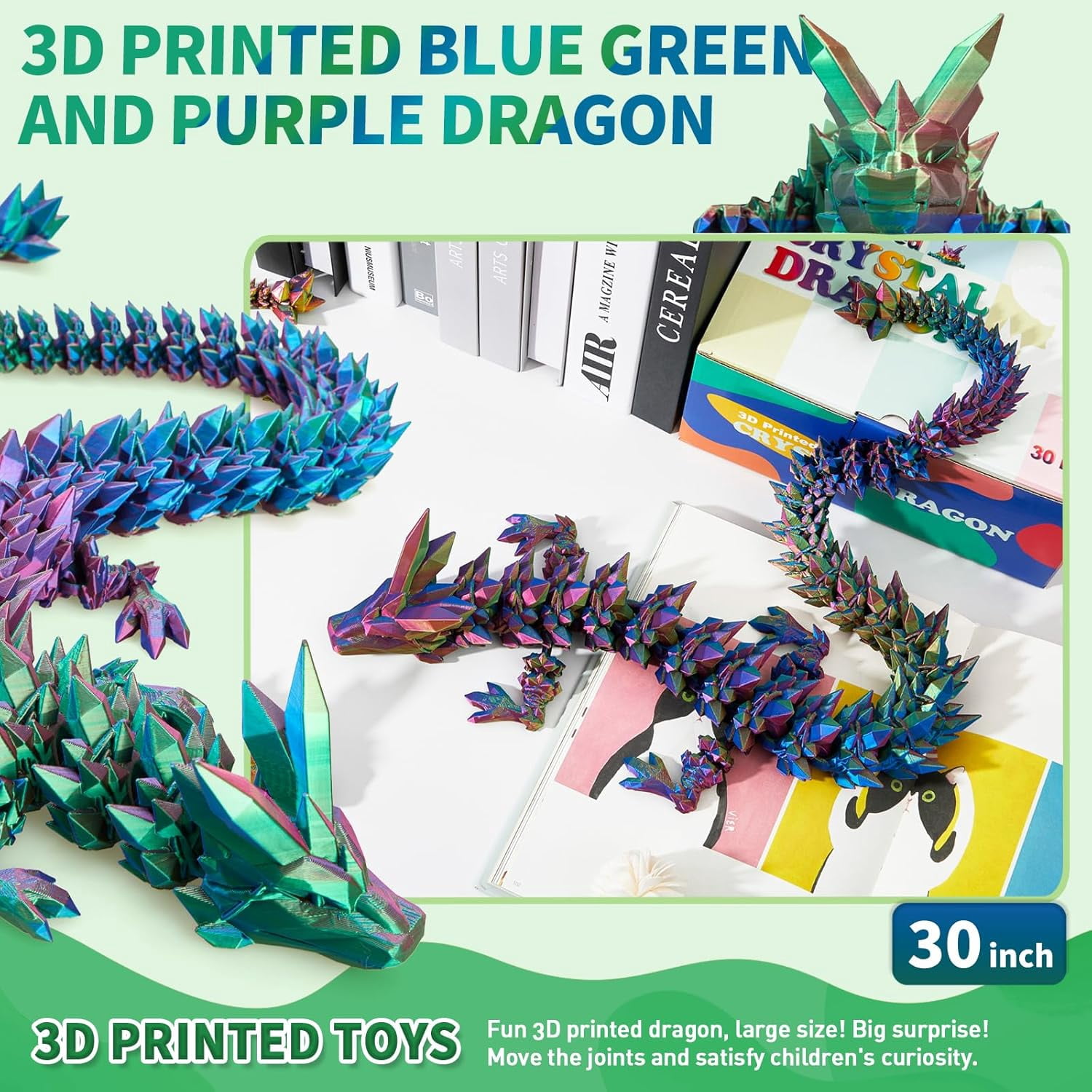 3D Printed Dragon - 30 inch Large Pearly Sheen Articulated Dragon, Mystery Easter Crystal Animals Fidget Toy(Blue Green Purple)