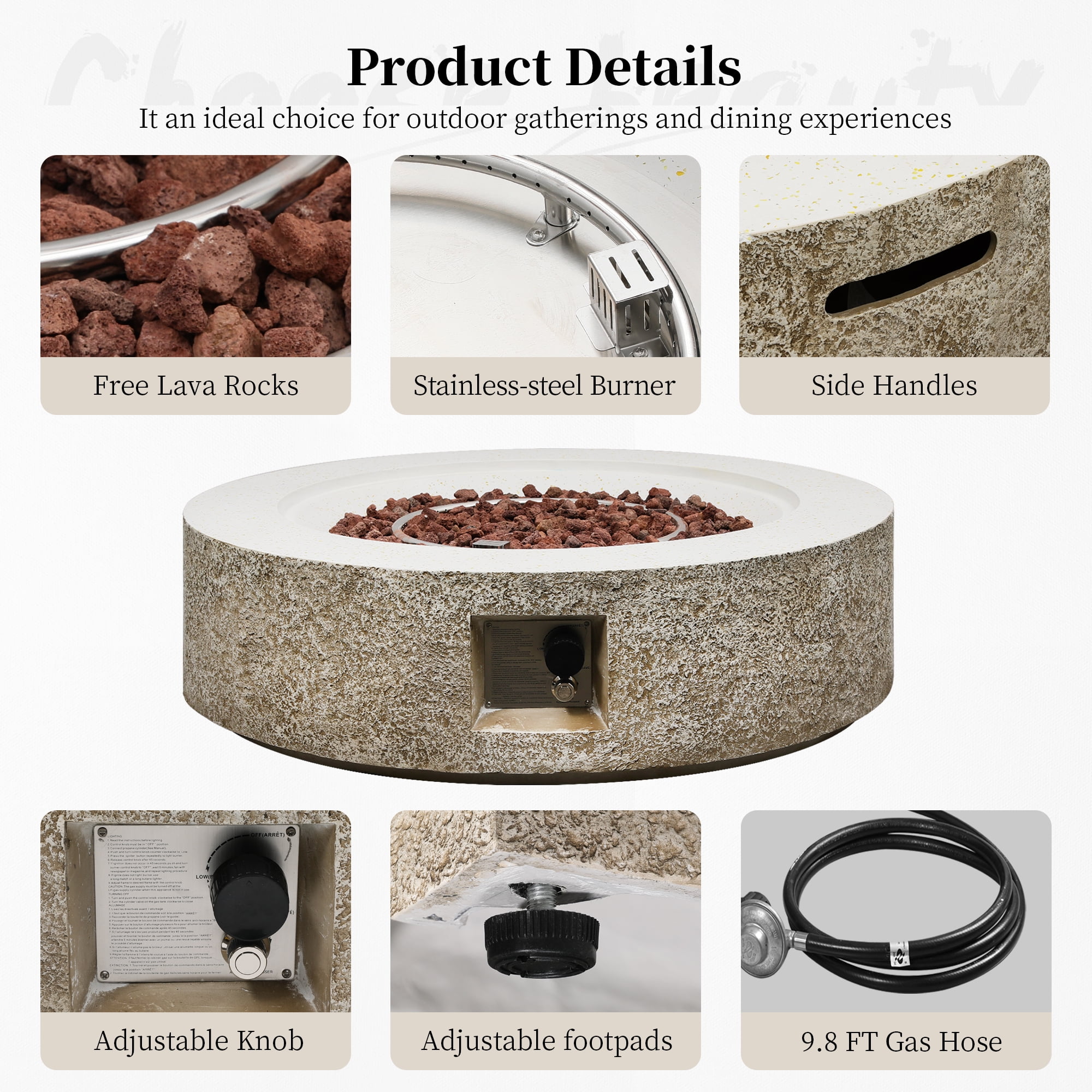 UPHA 42-inch Outdoor Propane Round Fire Pit Table 50000 BTU Gas Concrete FirePit for Outside Patio with Lava Rocks, Rain Cover, Beige