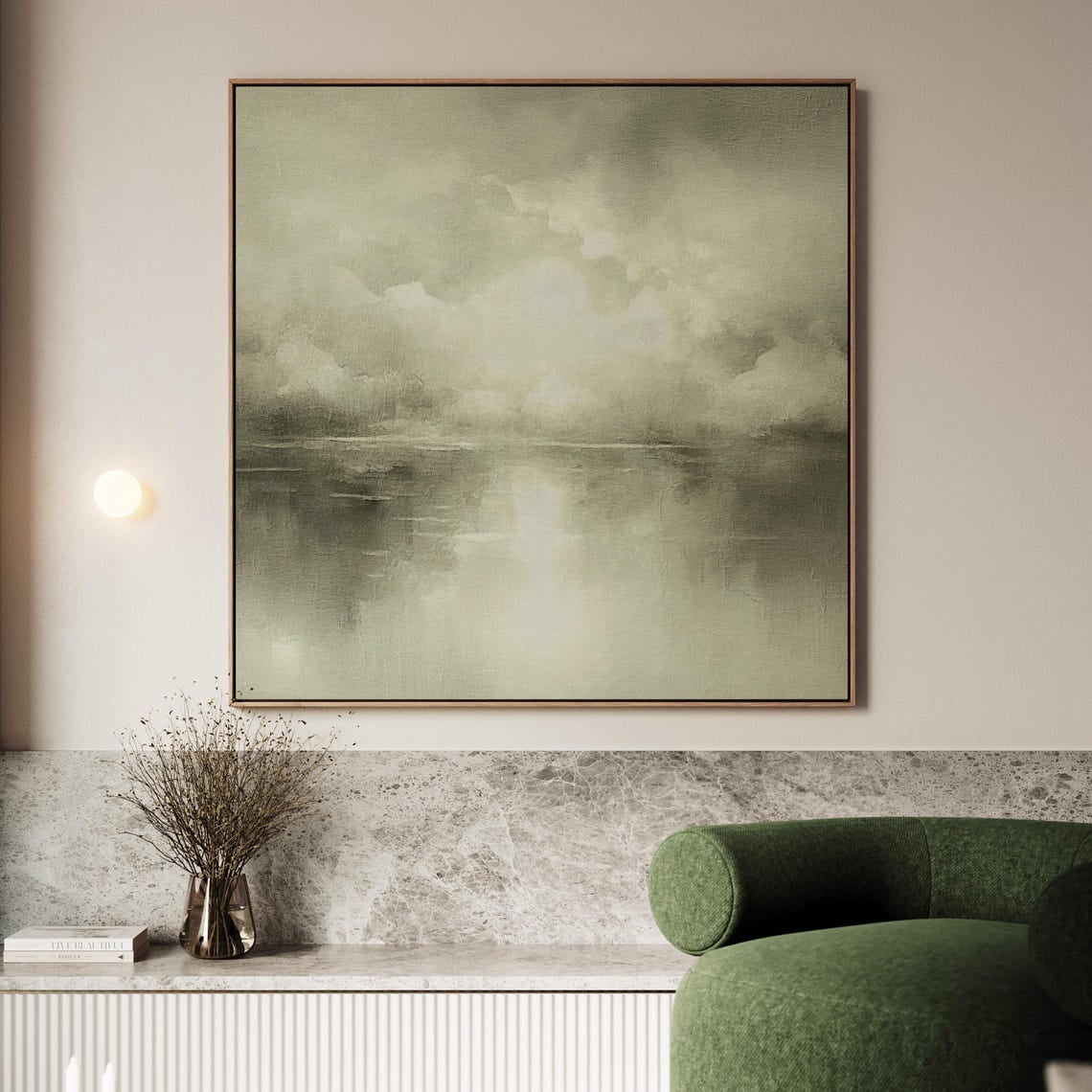 Olive Green Landscape Wall Art Square Print Minimalist Abstract Art Living Room Decor Calming Art Dark Sage Decor Wall Art Modern Wall Decor