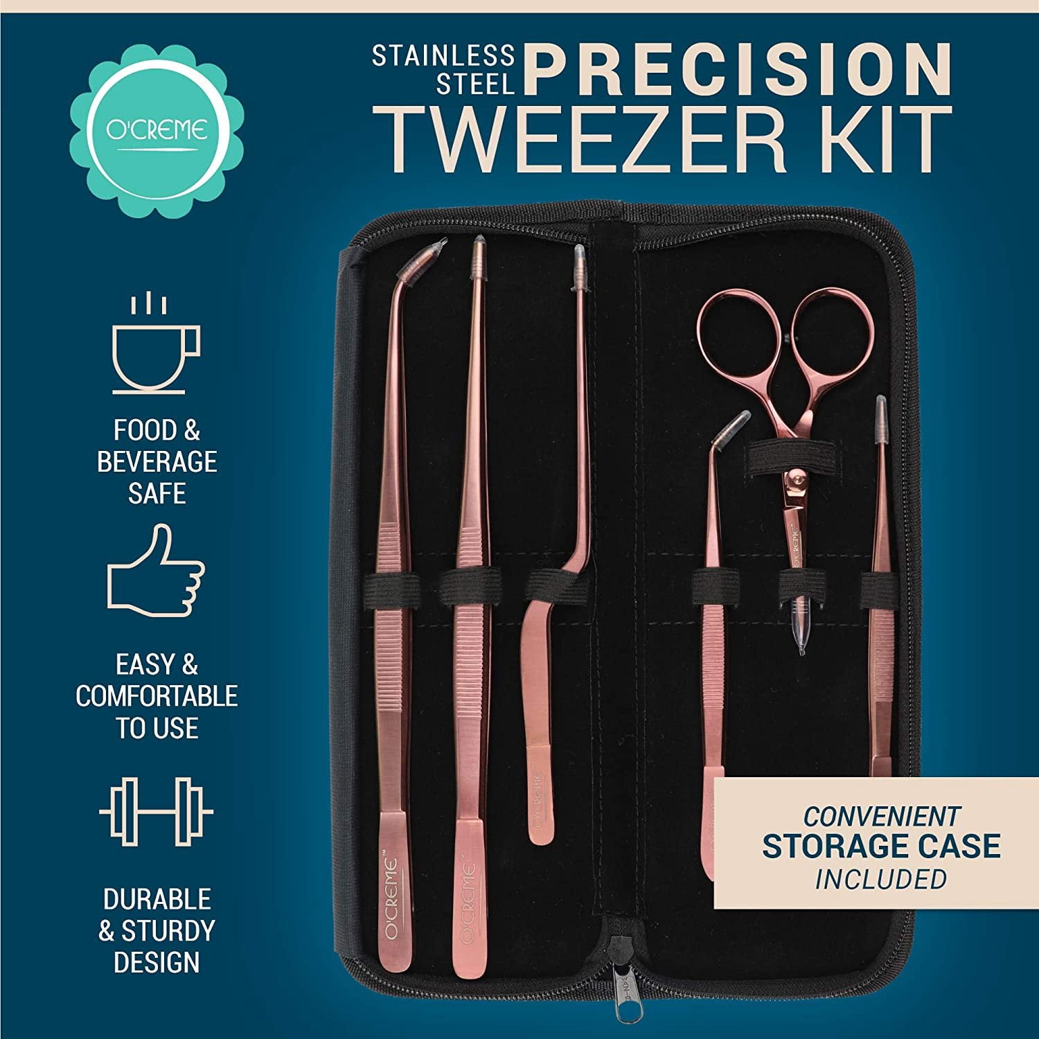 O'Creme Set of Culinary Tweezer Tongs Offset, Straight and Curved, Plus Super Sharp Chef Scissors, Total 6 Pieces Rose Gold