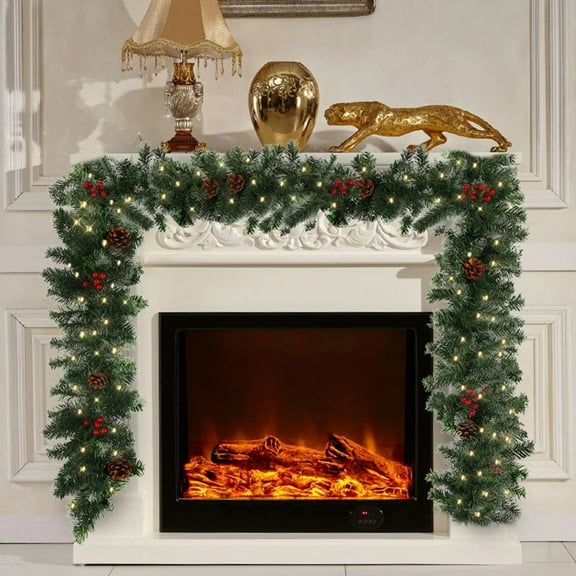 8.85 Ft Christmas Garland with Lights, Realistic Pre-lit Christmas Garland with Pine Cones Red Berries Xmas Garland for Indoor Fireplace Railing Door Home Christmas Decorations