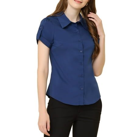 MODA NOVA Juniors Elegant Short Sleeve Career Button Down Shirt Dark Blue S