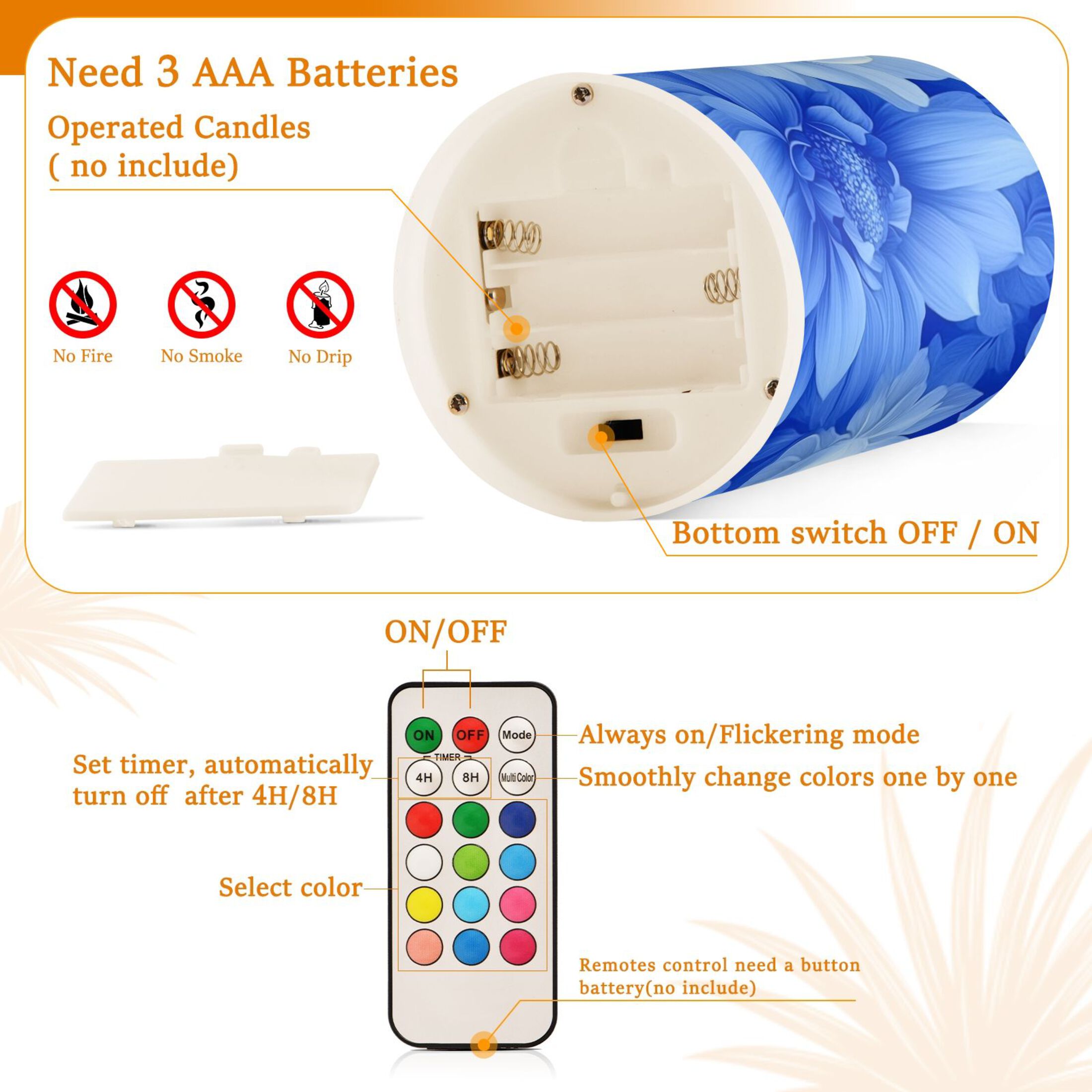 Elegant Blue Flower Flickering Flameless Candles Battery Operated with Remote Timer LED Pillar Candles Set of 2