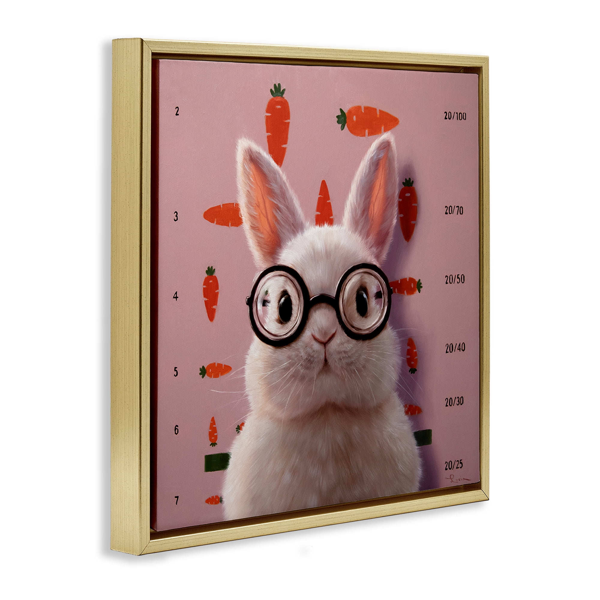 Bunny & Carrots Eye Exam Gold Framed Floater Canvas Wall Art, design by Lucia Heffernan