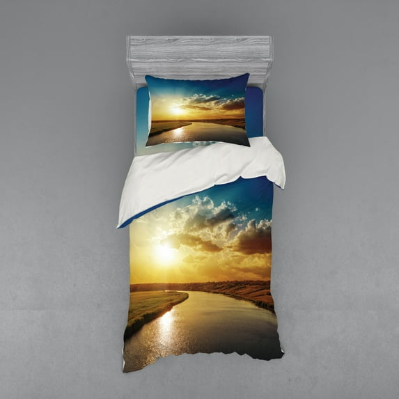 Ambesonne Scenery Bedding Set 3 Pcs, Dreamy Sunset on River, Twin XL, Blue Yellow